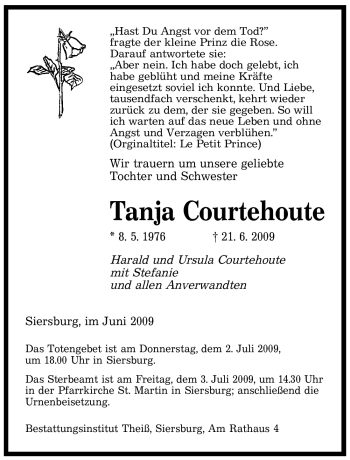 Traueranzeige von Tanja Courtehoute von SAARBRÜCKER ZEITUNG