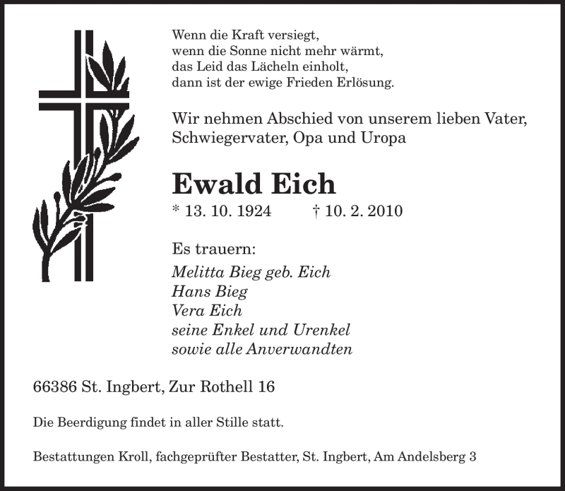  Traueranzeige für Ewald Eich vom 12.02.2010 aus SAARBRÜCKER ZEITUNG