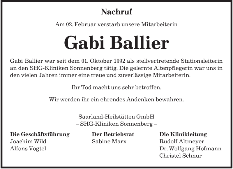  Traueranzeige für Gabi Ballier vom 06.02.2009 aus SAARBRÜCKER ZEITUNG