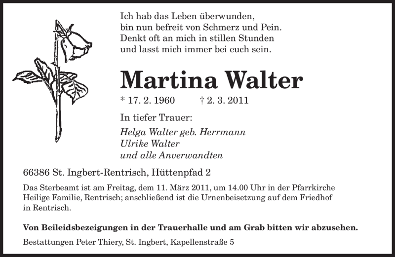  Traueranzeige für Martina Walter vom 08.03.2011 aus SAARBRÜCKER ZEITUNG