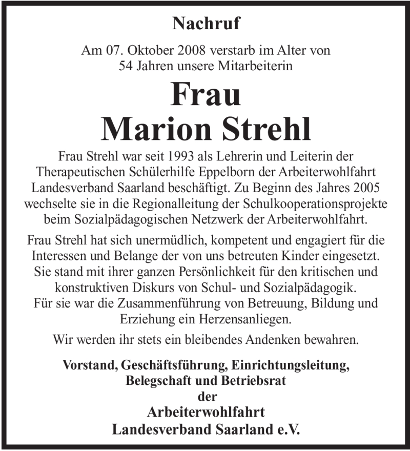  Traueranzeige für Marion Strehl vom 18.10.2008 aus SAARBRÜCKER ZEITUNG