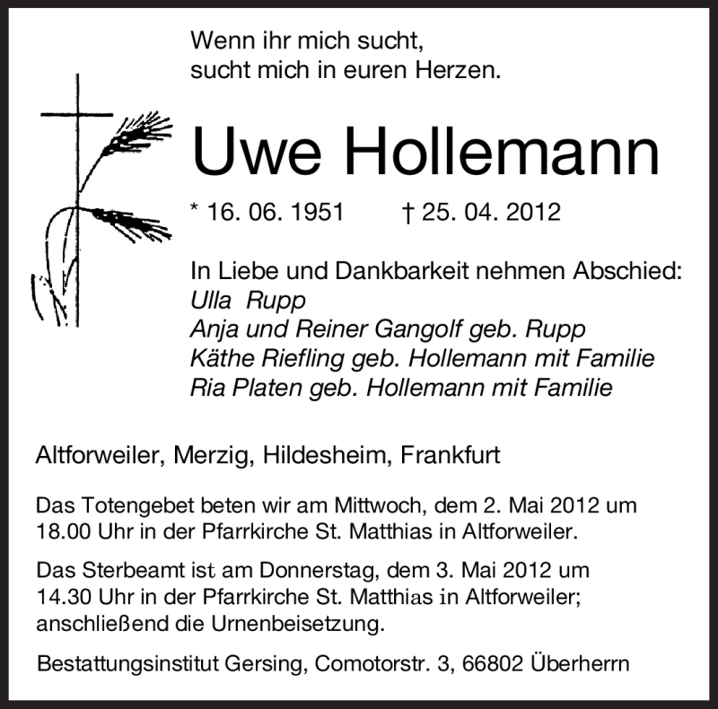  Traueranzeige für Uwe Hollemann vom 28.04.2012 aus SAARBRÜCKER ZEITUNG