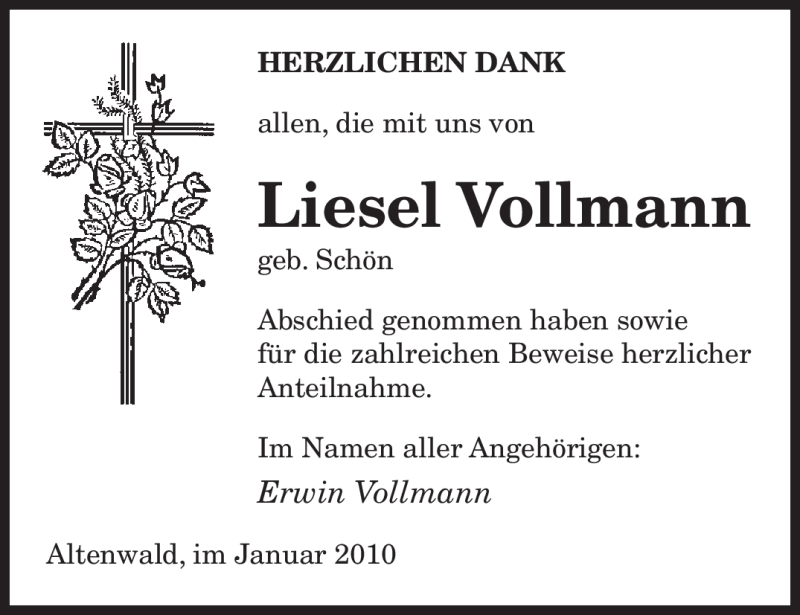  Traueranzeige für Liesel Vollmann vom 16.01.2010 aus SAARBRÜCKER ZEITUNG