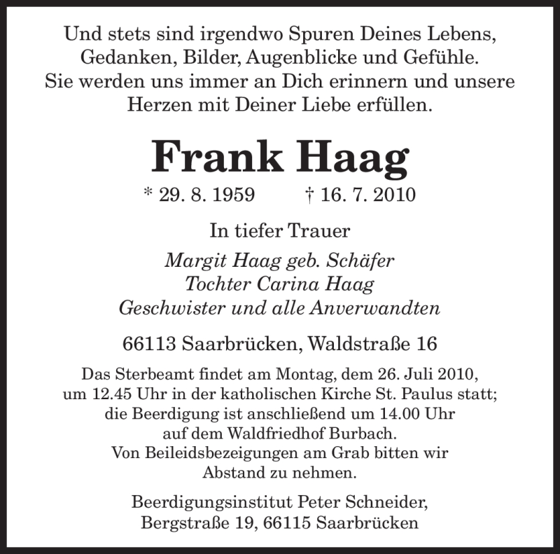 Traueranzeige für Frank Haag vom 24.07.2010 aus SAARBRÜCKER ZEITUNG
