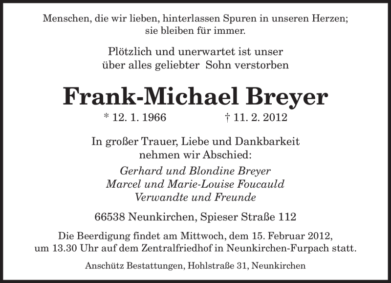  Traueranzeige für Frank-Michael Breyer vom 13.02.2012 aus SAARBRÜCKER ZEITUNG