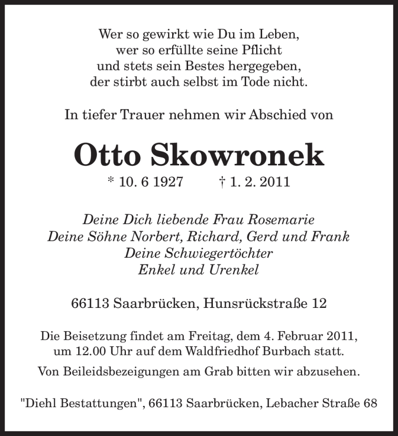  Traueranzeige für Otto Skowronek vom 03.02.2011 aus SAARBRÜCKER ZEITUNG