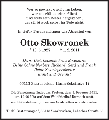 Traueranzeige von Otto Skowronek von SAARBRÜCKER ZEITUNG