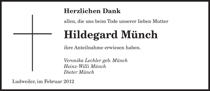  Traueranzeige für Hildegard Münch vom 25.02.2012 aus SAARBRÜCKER ZEITUNG