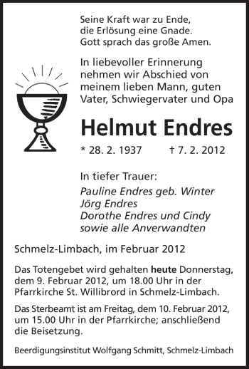 Traueranzeige von Helmut Endres von SAARBRÜCKER ZEITUNG