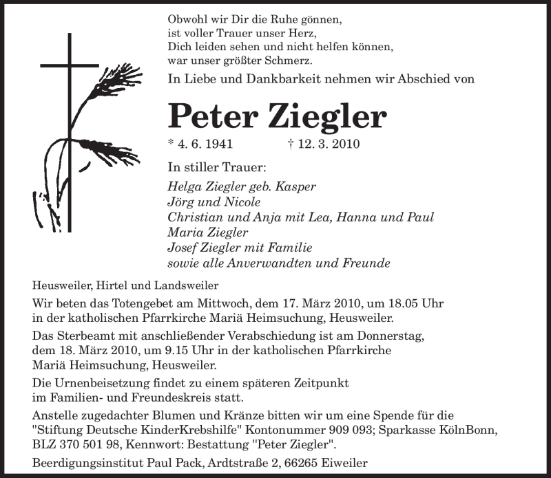  Traueranzeige für Peter Ziegler vom 15.03.2010 aus SAARBRÜCKER ZEITUNG