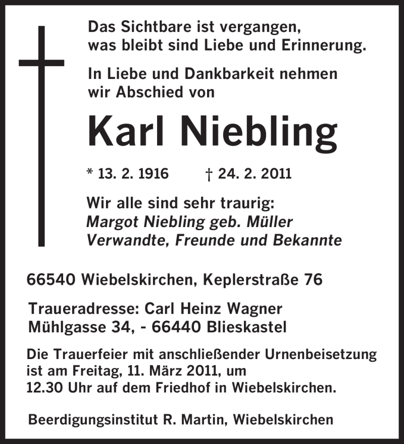  Traueranzeige für Karl Niebling vom 08.03.2011 aus SAARBRÜCKER ZEITUNG