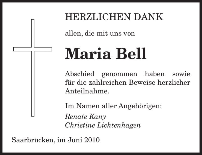  Traueranzeige für Maria Bell vom 05.06.2010 aus SAARBRÜCKER ZEITUNG