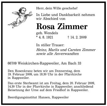 Traueranzeige von Rosa Zimmer von SAARBRÜCKER ZEITUNG