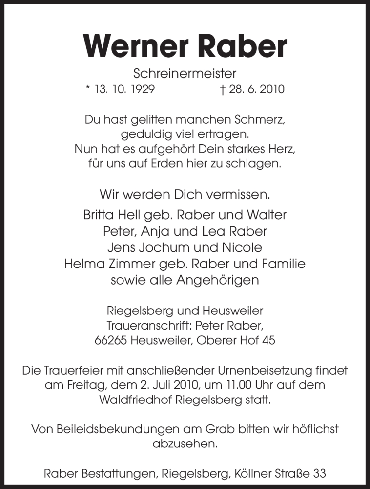  Traueranzeige für Werner Raber vom 30.06.2010 aus SAARBRÜCKER ZEITUNG