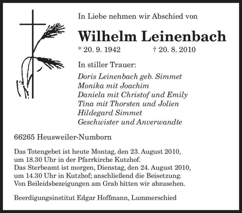  Traueranzeige für Wilhelm Leinenbach vom 23.08.2010 aus SAARBRÜCKER ZEITUNG