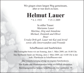 Traueranzeige von Helmut Lauer von SAARBRÜCKER ZEITUNG