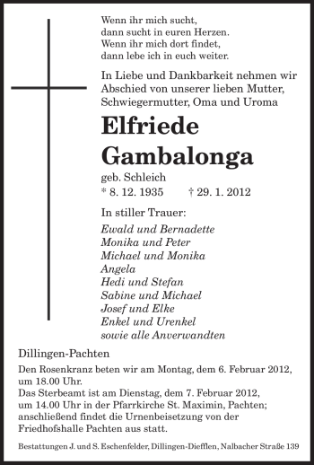Traueranzeige von Elfriede Gambalonga von SAARBRÜCKER ZEITUNG