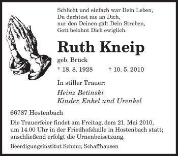 Traueranzeige von Ruth Kneip von SAARBRÜCKER ZEITUNG