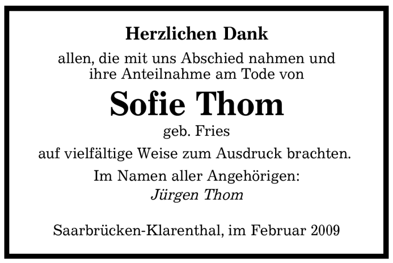  Traueranzeige für Sofie Thom vom 18.02.2009 aus SAARBRÜCKER ZEITUNG