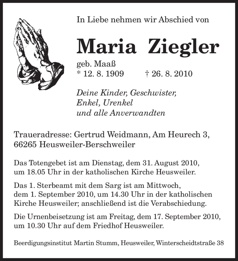  Traueranzeige für Maria Ziegler vom 28.08.2010 aus SAARBRÜCKER ZEITUNG
