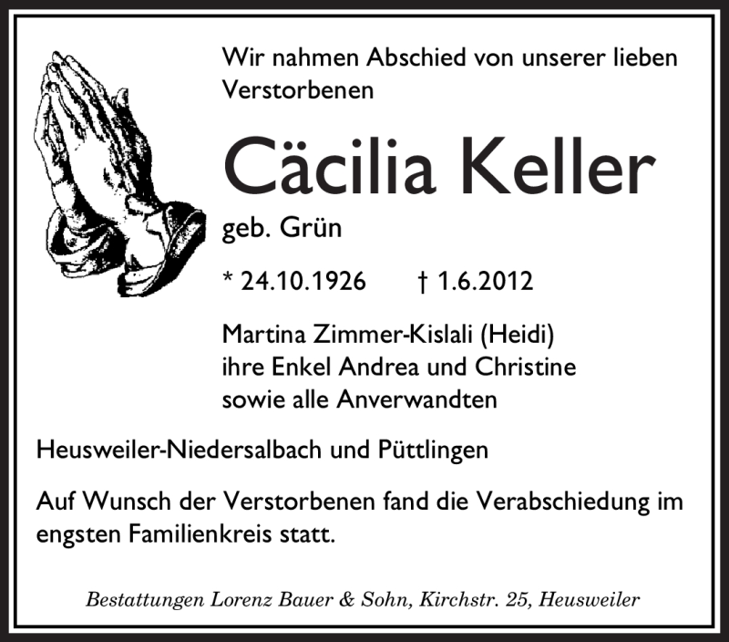  Traueranzeige für Cäcilia Keller vom 13.06.2012 aus SAARBRÜCKER ZEITUNG