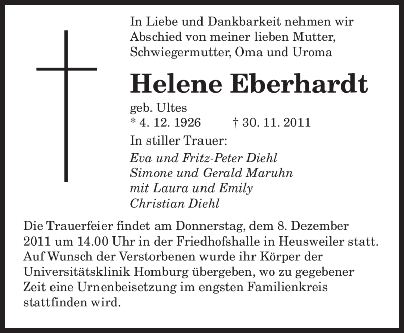  Traueranzeige für Helene Eberhardt vom 05.12.2011 aus SAARBRÜCKER ZEITUNG
