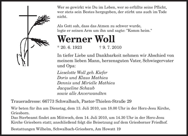  Traueranzeige für Werner Woll vom 12.07.2010 aus SAARBRÜCKER ZEITUNG