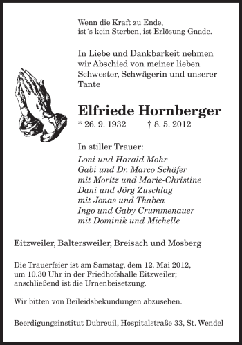 Traueranzeige von Elfriede Hornberger von SAARBRÜCKER ZEITUNG