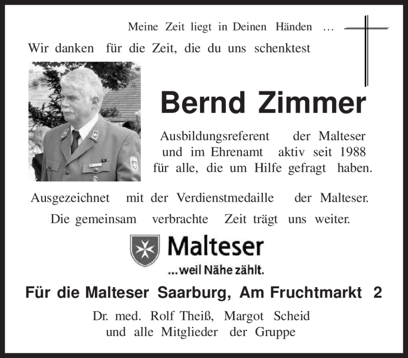  Traueranzeige für Bernd Zimmer vom 09.02.2011 aus SAARBRÜCKER ZEITUNG