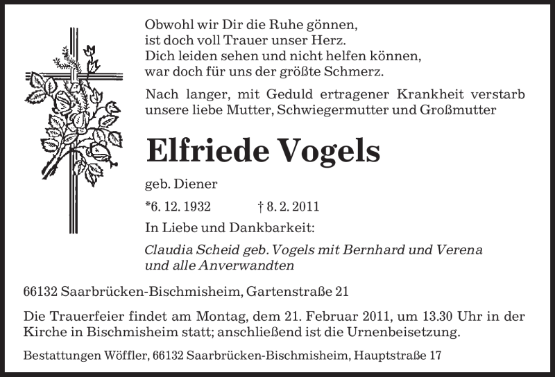  Traueranzeige für Elfriede Vogels vom 16.02.2011 aus SAARBRÜCKER ZEITUNG