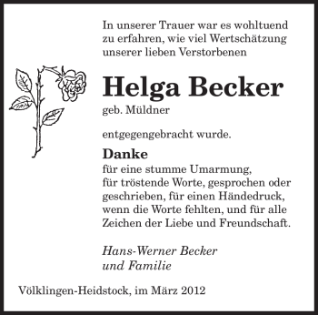Traueranzeige von Helga Becker von SAARBRÜCKER ZEITUNG