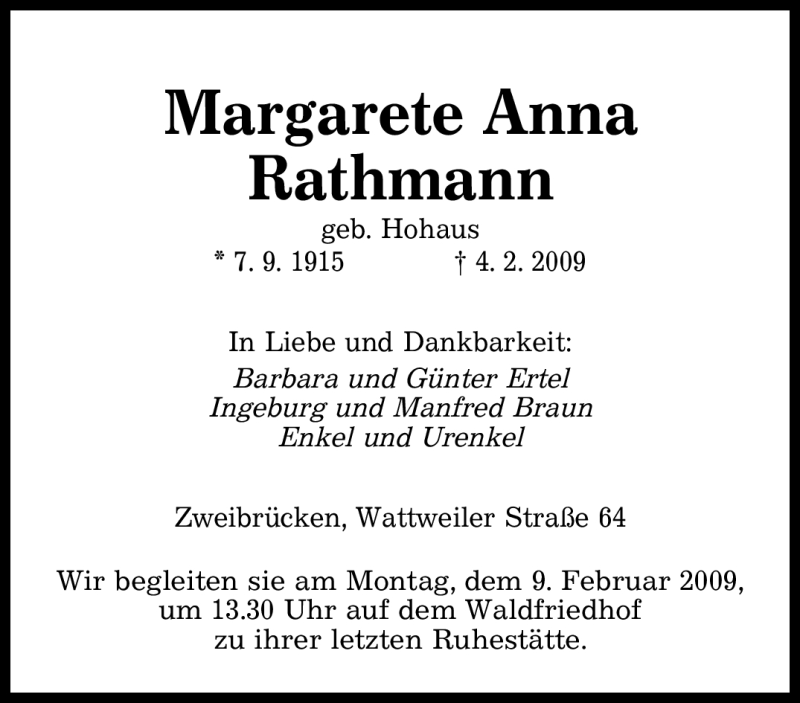  Traueranzeige für Margarete Anna Rathmann vom 06.02.2009 aus SAARBRÜCKER ZEITUNG