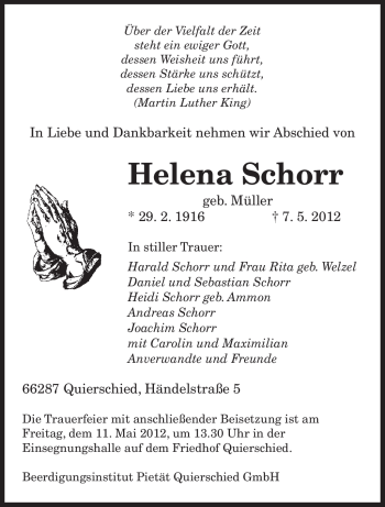 Traueranzeige von Helena Schorr von SAARBRÜCKER ZEITUNG