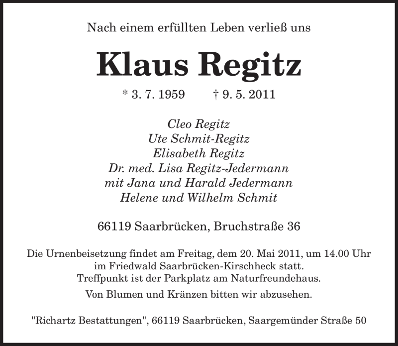  Traueranzeige für Klaus Regitz vom 14.05.2011 aus SAARBRÜCKER ZEITUNG