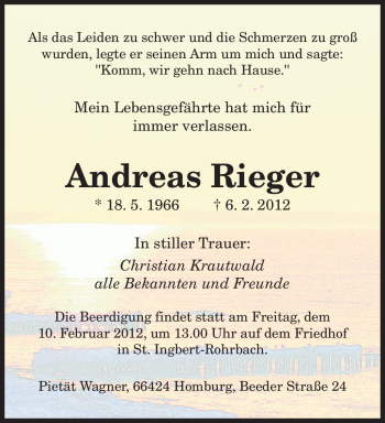 Traueranzeige von Andreas Rieger von SAARBRÜCKER ZEITUNG