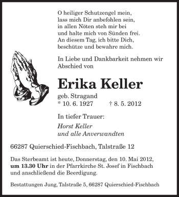 Traueranzeige von Erika Keller von SAARBRÜCKER ZEITUNG