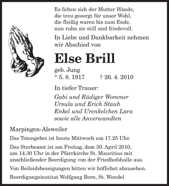 Traueranzeige von Else Brill von SAARBRÜCKER ZEITUNG