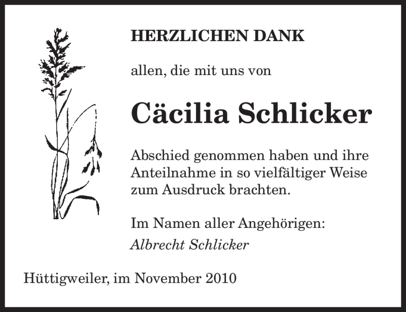  Traueranzeige für Cäcilia Schlicker vom 29.11.2010 aus SAARBRÜCKER ZEITUNG