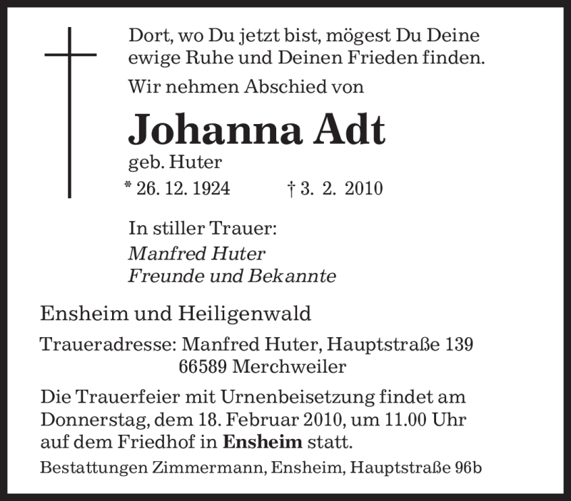  Traueranzeige für Johanna Adt vom 12.02.2010 aus SAARBRÜCKER ZEITUNG