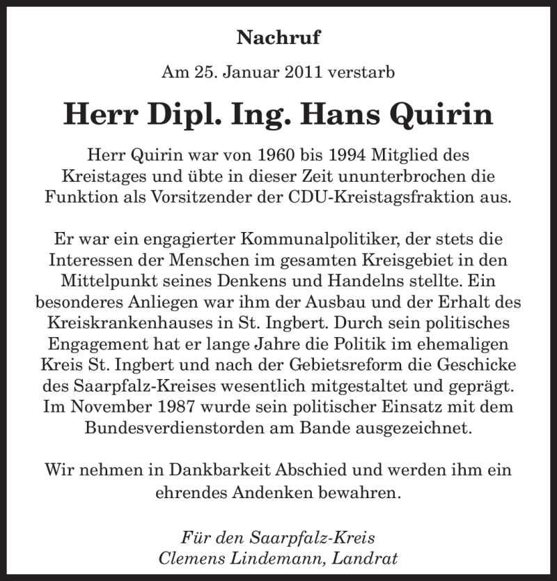  Traueranzeige für Hans Quirin vom 29.01.2011 aus SAARBRÜCKER ZEITUNG