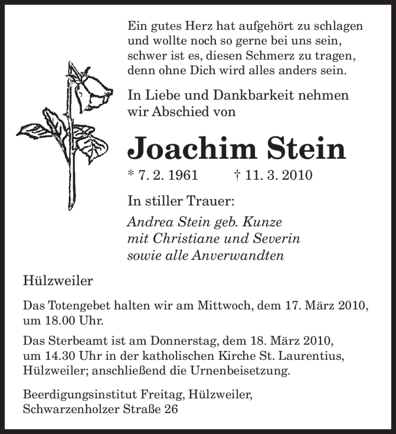  Traueranzeige für Joachim Stein vom 15.03.2010 aus SAARBRÜCKER ZEITUNG