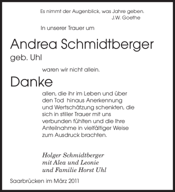 Traueranzeige von Andrea Schmidtberger von SAARBRÜCKER ZEITUNG
