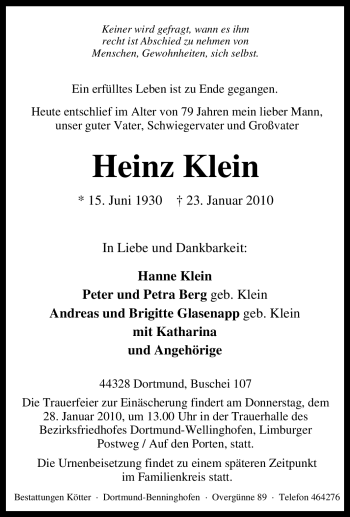 Traueranzeige von Heinz Klein 