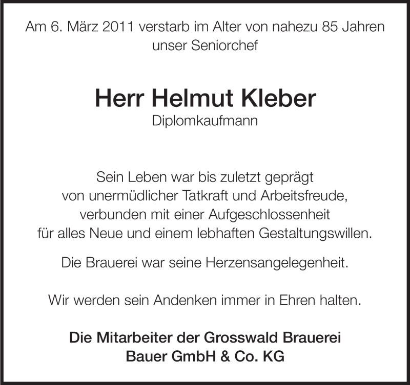  Traueranzeige für Helmut Kleber vom 08.03.2011 aus SAARBRÜCKER ZEITUNG