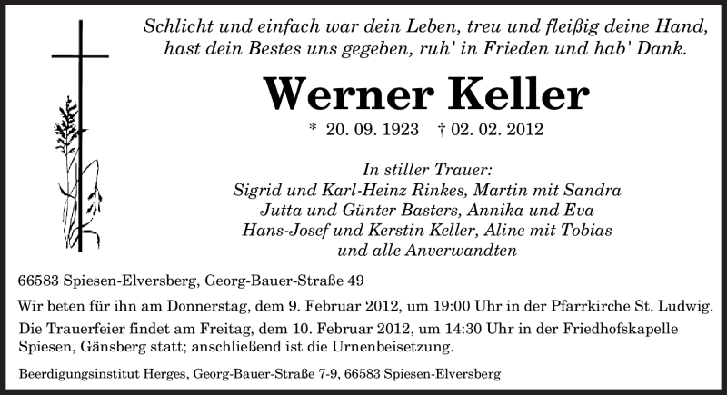  Traueranzeige für Werner Keller vom 07.02.2012 aus SAARBRÜCKER ZEITUNG