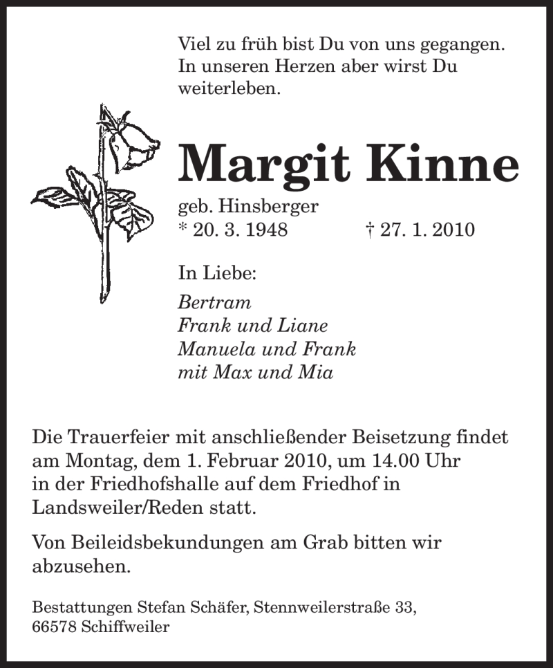  Traueranzeige für Margit Kinne vom 30.01.2010 aus SAARBRÜCKER ZEITUNG