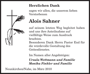 Traueranzeige von Alois Sahner von SAARBRÜCKER ZEITUNG