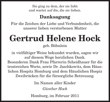 Traueranzeige von Gertrud Helene Hock von SAARBRÜCKER ZEITUNG