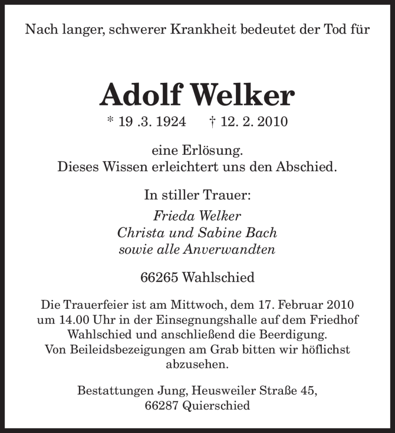  Traueranzeige für Adolf Welker vom 15.02.2010 aus SAARBRÜCKER ZEITUNG