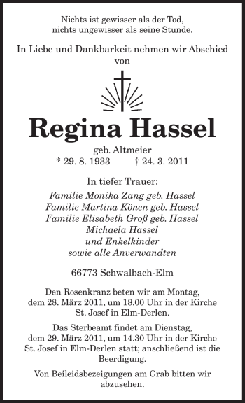 Traueranzeige von Regina Hassel von SAARBRÜCKER ZEITUNG